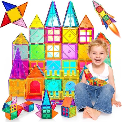 Construction Magnétiques Enfants 80 Pièces Jeu de Éducatifs Cadeau pour Garçons et Filles Jouets Magnétiques Plus Forts Blocs de Constructions Aimantés, STEM 3+ An