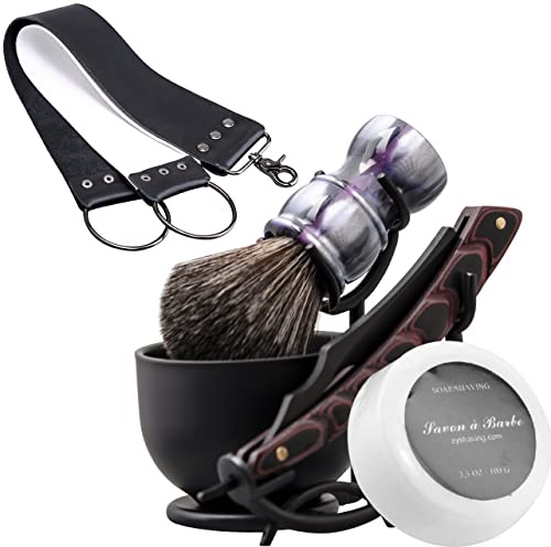 Grandslam Shaving Kit - Straight Razor, Leather Strop, Bowl & Stand, Shaving Brush, Soap - Gift for Men