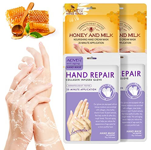 4 Paar Feuchtigkeitsspendende Peeling-Handmaske mit Honig & Milch mit Natürlichen Pflanzenextrakten, Kollagen, Aufhellung & Anti-Aging, Reparatur Rauer Haut (Honig&Lavendel)