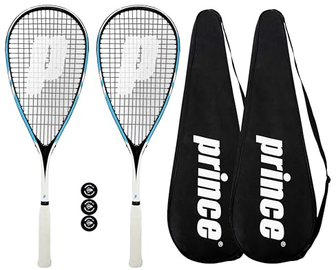 Prince Team Shark 400 Squash Racket Twin Set, Full Length Protective Squash Racket Covers & 3 Squash Balls