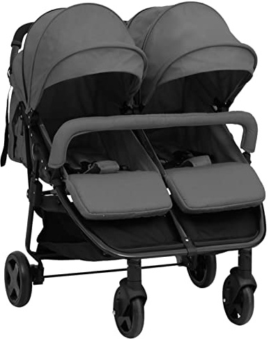 Homgoday Passeggino Gemellare Grigio Scuro e Nero in Aiaio, Mobili per Casa Interno Esterno Soggiorno Camera da Letto