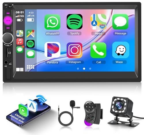 Rimoody Double Din Carplay Wireless, 7 Inch HD Touchscreen 2 Din Car Radio Head Unit with Android Auto Mirror Link, Bluetooth, FM, EQ SWC/USB/TF/AUX/UI Remote Control + Backup Camera