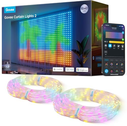 Govee Curtain Light 3×2m, Cortina Inteligente con GIF DIY, Guirnaldas de Luces LED con Cambio de Color RGBIC, Navidad Decoración Dinámica Inteligente, IP65 Impermeable, Compatible con Alexa, 1040 LED