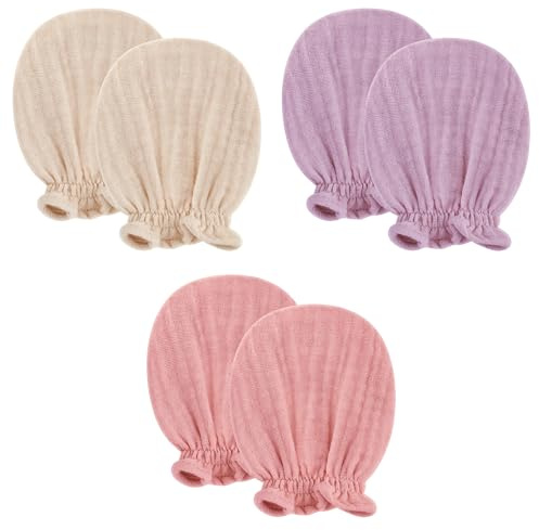 Pro Goleem Baby Mittens for Newborn Boys & Girls,Soft Organic Cotton Muslin No Scratch Gloves with Elastic Strap,Infant Essentials 0-6 Months, Neutral Beige Pink Purple, Baby Registry Must Haves Gift