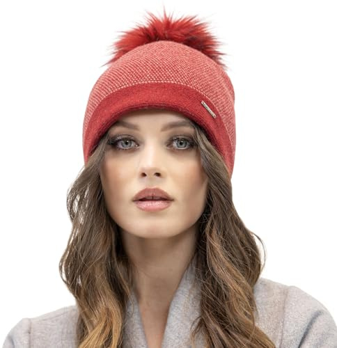 Vivisence Gorro para Mujeres De Invierno con Pompón Elegante Hecho De Cálido Hilo De Lana con Estampado Pata De Gallo Ideal para Los Fríos Días De Invierno, Pata De Gallo Rojo,Talla Única