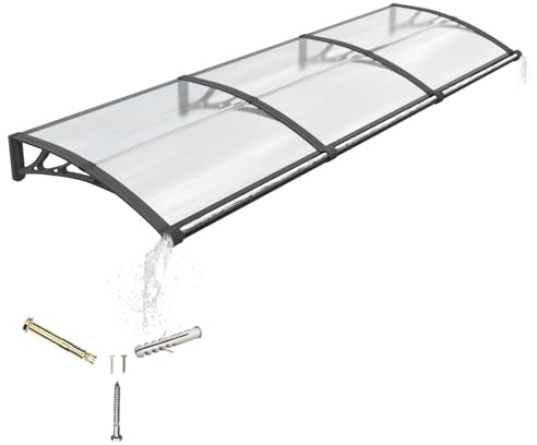 Pensilina da Esterno 300x100 cm in Policarbonato con Grondaia Integrata,Baldacchino Tettoia per Porta,Finestra e Veranda,con Protezione UV,Antipioggia e Antineve