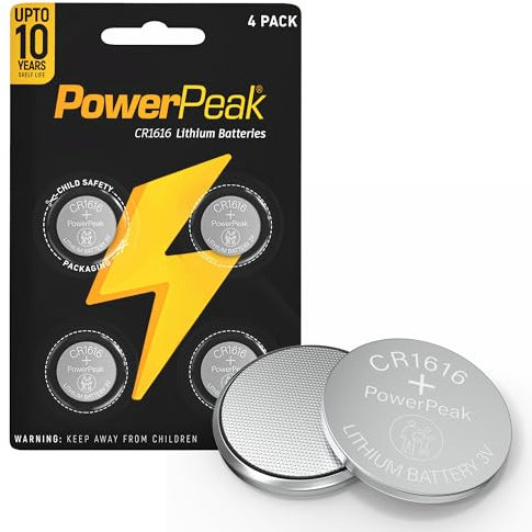 Power Peak Batteria CR1616 con lunga durata e fino a 10 anni di durata, batterie a bottone al litio da 3 V, confezione da 4, DL1616, BR1616