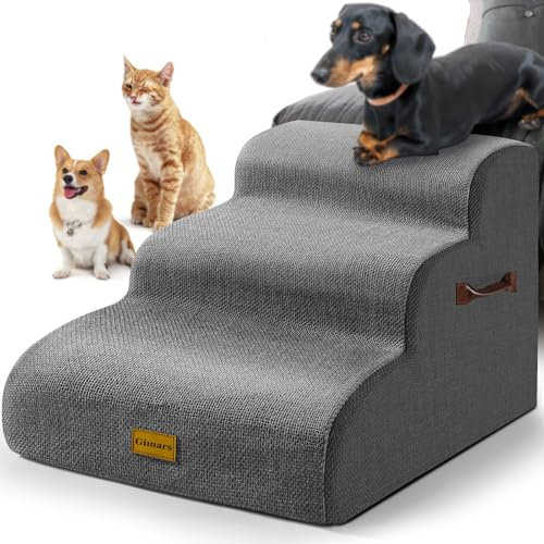 Gimars Hundetreppe mit 30D Hochdichtem Schaum & Extra-Breiten Stabilen 3 Stufen 40 cm hoch, Abnehmbarem Waschbarer Bezug, Rutschfestem Boden, Tragbare Rampe für Kleine Hunde zu Sofa, Bett, Auto