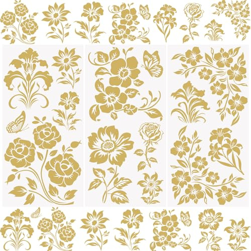 WANDIC 3 Sheets Golden Flowers Rub on Transfer Stickers Waterproof Vintage Butterfly Transfer Decals Floral Stickers for Crafts Furniture DIY Crafts Decoration,15 * 30cm