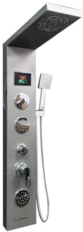 ROVOGO Brossé Panneau Colonne de Douche LED sans Batterie, 6 Modes avec Mitigeur - Affichage de la Température/Brume/Pluie/3 Jets de Massage Ronds/Douchette/Bec de Baignoire, Acier Inox, Montage Mural