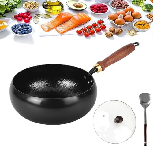 Padella in ferro non rivestita, wok in ferro, 28 cm, manico forgiato a mano, antiaderente, senza rivestimento, durevole e inossidabile per piani cottura a gas, padella rotonda con fondo e coperchio in