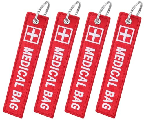 Meng Jiaran 4 Pack Medical Alert Tags for Bag, Double-Sided Red Emergency ID Luggage Tags with Stainless Steel Rings for Medical Kits, Backpacks Suitcases Paramedic Keychain & Travel Accessories
