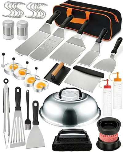 32 teiliges Plancha-Zubehör-Set, BBQ Grillbesteck Set Edelstahl Grillzubehör, mit Plancha-Spachtel, Smash Burgerpress, Burgerglocke, perfektes Grillgeschenk für Männer und Väter