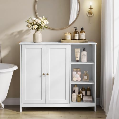 VASAGLE Meuble de Salle de Bain, Armoire de Rangement, avec 2 Portes, Compartiments Ouverts et Étagères Réglables, 90 x 30 x 80 cm, pour Salon, Entrée, Blanc Nuage, Collection Siren BBK070WB01