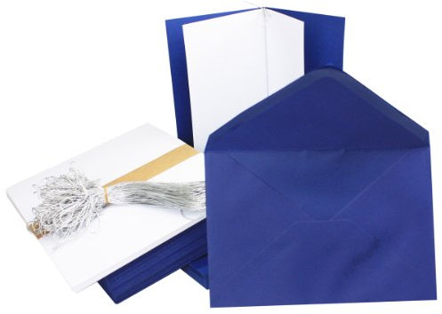75x Falt-Karten Set in Nacht-Blau inklusive Brief-Umschläge DIN B6 - Faltkarte B6 - Einlegeblatt und silbernem Schmuckband