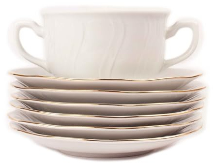 Juego de boles (12 piezas) consomé de porcelana blanca Lubeck, 6 boles consomé con asas (35 cl), 6 platillos para tazas, con filo de oro