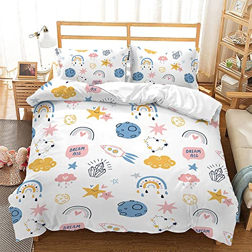 Treer Juego de Ropa de Cama, Kawaii Dibujos Animados Microfibra Juego de Fundas de Edredón Reversible Incluye Funda Nórdica y Funda de Almohada para Familiar y Infantil (150x200cm,Estrella Cohete)
