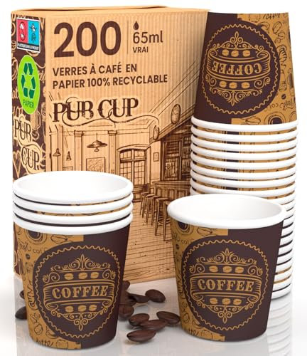 Eurocali 200 Petits Gobelets en Papier 65ml Mini Gobelets Jetables Biodégradables Écologiques Design PubCUP - Tasses en Carton Résistant à la Chaleur pour Café Italien