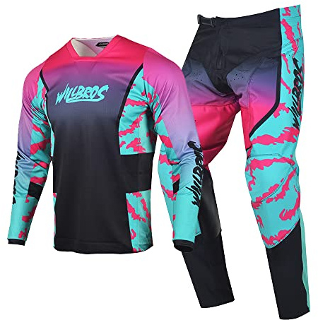Willbros Pantalones de Jersey Camiseta de Motocross Traje Hombres y Mujeres Bicicleta Todoterreno Juego de Engranajes MX Montar Adultos Azul Rosa (Jersey M Pants 32)