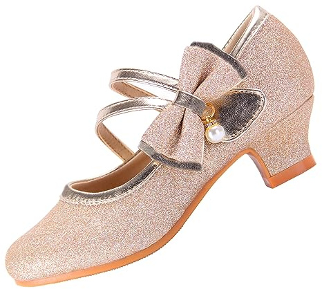 EIGHT KM Filles Talons Hauts Robe Chaussures Mary Jane Princesse Mariage Fête Pompe EKM7035 Étincelle Scintillante Perle Minerve Nœud Or Taille EU 28