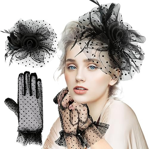 Fascinator Hut Blume für Damen Mädchen, Damen Mesh Federn Hochzeit Hut und Spitzenhandschuhe Tea Party Clip Kopfschmuck Haar Ascot Stirnband Zubehör für Party Kirche Hochzeit Cocktail (Schwarz)
