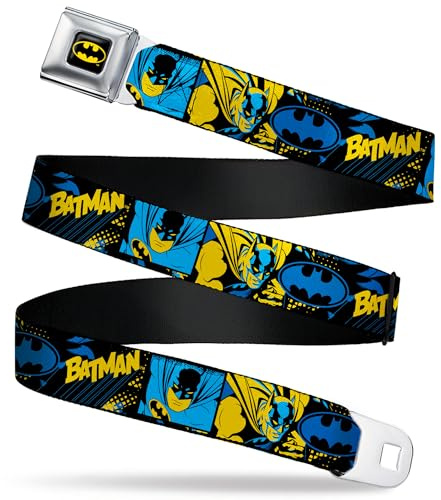 DC Comics Gürtel, Sicherheitsgurt-Schnallengürtel, Batman-Posen und Logo-Collage, schwarz, blau, gelb, verstellbar, Mehrfarbig, 1.5 Wide - Fits Pant Size 32-52