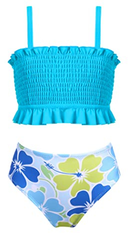 Arshiner Costume da Bagno a Due Pezzi da Ragazza Bikini Bustier con Punto Smock e Spalline Regolabili Tankini con Volant Costume da Bagno per Bambini Blu 7-8 Anni