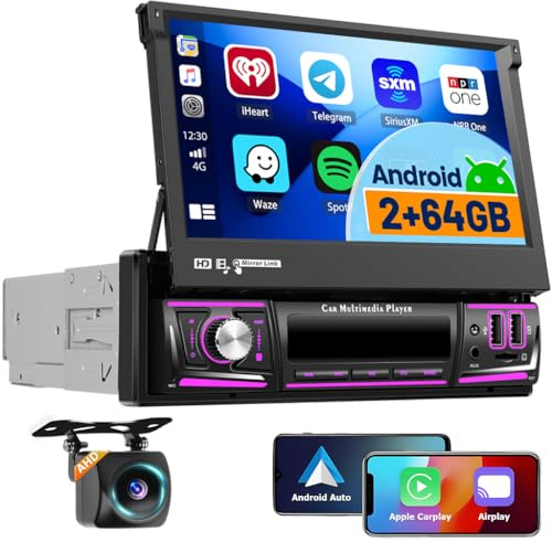 Fuluku 1 Din 2+64G Android 15 bilradio med trådlöst Carplay Android Auto, 7 tum förskjutande manuell radioskärm med Bluetooth/WiFi/FM/RDS/EQ/spegellänk/GPS/Backkamera/MIC/SWC