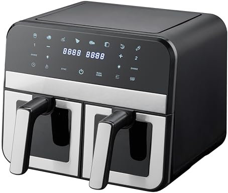 Air Fryer STANEW,Dual Zone avec Fenêtre de Visualisation, Friteuse sans Huile 9L, 8 Programmes de Cuisson, Écran Tactile，Alerte aux tremblements，Noir
