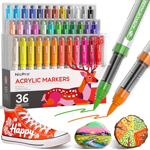 Nicpro 36 colores marcadores acrílicos con punta pincel, a base de agua, antiderrames y control automático de tinta, rotuladores acrílicos impermeables para manualidades: piedra, madera, vidrio, tela