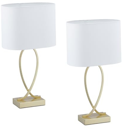 Relaxdays Lámpara de Mesa, Set 2, Base Metálica y Pantalla Tela, E27, 51 x 28 x 18 cm, Lamparita Noche, Dorado/Blanco