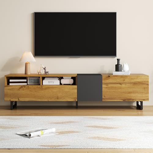 BTM TV Cabinet with 3 Doors, 2 Storage Compartments and U-Shaped Metal Legs, Retro Wood Grain TV Stand Cabinet, 170x36.5x42cm