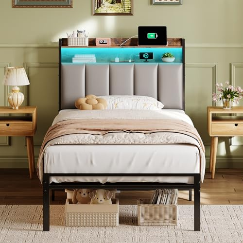 ODK 3ft Single Bed Frame with Storage Upholstered Headboard | LED Light & Charging Station, Platform Metal Bed Frame Single with Underbed Storage, Strong Metal Slat Support