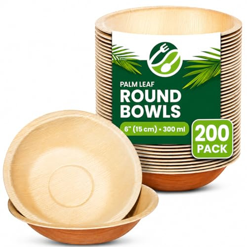 Eco Leaf Products Disposable Palm Leaf Bowls – Pack of 200, 6 (15cm) Round Compostable for Desserts & Salad, Eco-Friendly, Biodegradable, Heavy-Duty, Microwave & Oven Safe – for Weddings & Parties