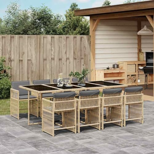 Nqyjm 9-TLG. Gruppo da pranzo da giardino con cuscino, miscela, set salotto in poli rattan, mobili da giardino per giardino, terrazza, balcone, materiale, vetro