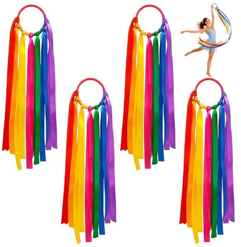 JIESHEPR 4 Pack Dance Ribbon, Rainbow Gymnastics Ribbon Wands, 45cm Rhythmic Streamers on Stick for Talent Shows, Artistic Dancing, Party Favors & Sensory Play (Multi-Color)