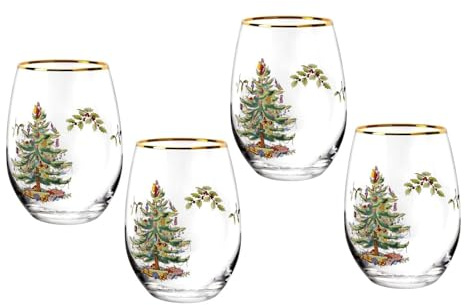 Spode Christmas Tree 19oz Stemless Wine Glasses, Set of 4 - Vintage-Inspired Holiday Drinkware with Cozy Seasonal Charm, Ideal for Mulled Wine at Festive Gatherings & Holiday Entertaining
