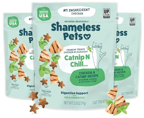 Shameless Pets Crunchy Cat Treats - Catnip Treats for Cats with Digestive Support, Natural Ingredients Kitten Treats with Real Chicken, Healthy Flavored Feline Snacks - Catnip N Chill, 3-Pk