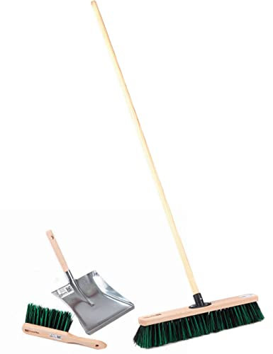 BawiTec Allzweckkbesen Set BawiMix Besen 40cm Breit mit Holzstiel 140cm Lang Arenga-Kunststoff-Borsten-Mix grün Kehrgarnitur Garten,Haus und Hof inkl. Handfeger 28cm und Metall-Kehrblech mit Holzgriff