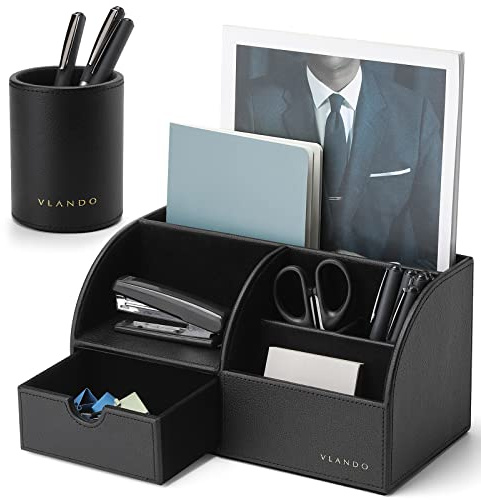 Vlando Multifunktionaler Schreibtisch-Organizer, Schreibwaren-Organizer, Stifthalter, Schreibtisch-Organizer, Büro-Organizer aus PU-Leder (schwarz)