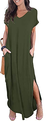GRECERELLE Women Maxi Long Dress Summer Casual Beach Boho Short Sleeve V Neck Maxi Dresses with Pocket (Army Green, XL)