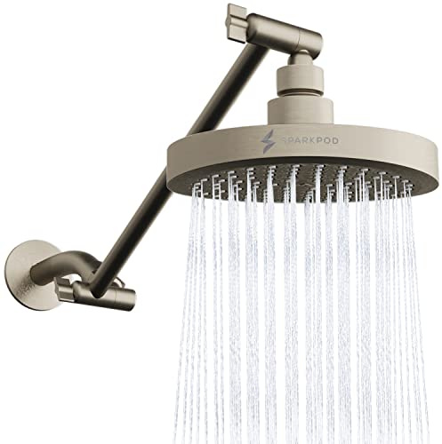 SparkPod Round Rain Shower Head with Extension Arm - Height Adjustable Shower Head with High Pressure Performance - Easy 1-Minute Installation (11 Arm Extension, Elegant Brushed Nickel)