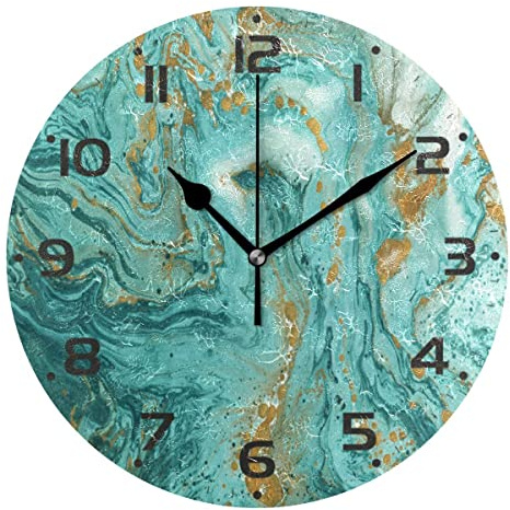 MNSRUU Large Wall Clocks, Abstract Golden Turquoise Marble Texture Battery Operated Non Ticking 10 inch Clock Silent Art Bedroom Kitchen Clock Atomic Analog Clocks Home Decor, 25 x 25 CM