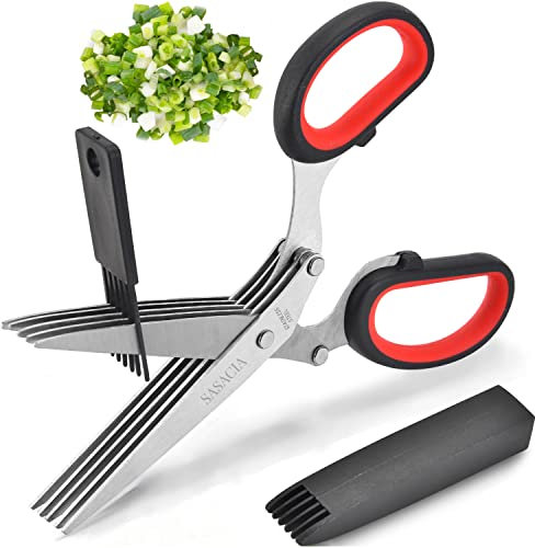 SASACIA Ciseaux à herbes avec 5 lames et kit de nettoyage, ciseaux de cuisine en acier inoxydable pour herbes, laitue, coriandre, passent au lave-vaisselle, poignée ergonomique