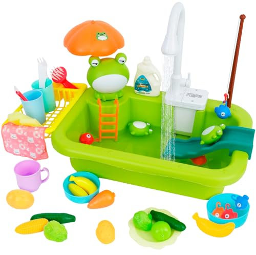 Juego de Juguetes de Cocina 2 en 1, Cocina Infantil con Juego de Pesca y Accesorios de Cocina y Grifo Giratorio de 90°, Fregadero de Juguete de simulación,Juguete de Rol para niños pequeños