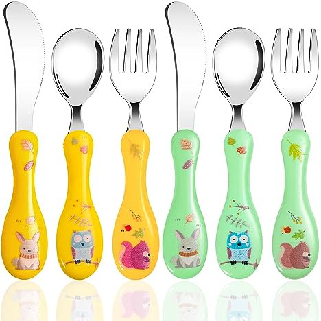 Set Couverts Enfant en INOX, 6 Pièces Couverts Bebe avec Motif Mignon, 2 x Fourchettes, 2 x Cuillères, 2 x Couteaux, Couvert Enfant en Poignée Ronde pour Garçons Filles (Jaune, Vert)