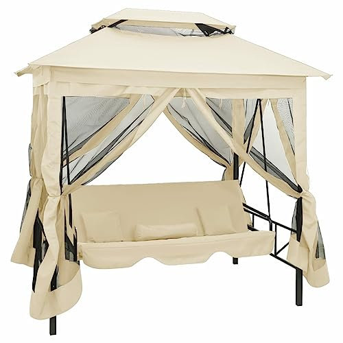 Gecheer Cenador convertible, banco balancín blanco crema, cenador de exterior, cenador con lona, pabellón de jardín, carpa para fiestas, cenador para barbacoa, #3