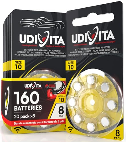 160 Batterie per Apparecchi Acustici Udivita Misura 10 (Gialle) PR70 con Phono Pulse Technology - 20 Blister da 8 Pile