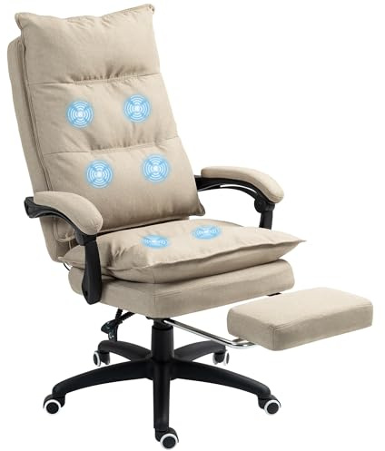 Vinsetto Fauteuil de Bureau massant Hauteur Réglable Pivotant 360° Beige | Chaise de Bureau, Chaise Ergonomique, Dossier Inclinable, Repose-Pied Intégré, Télécommande Filaire, Aspect de Lin