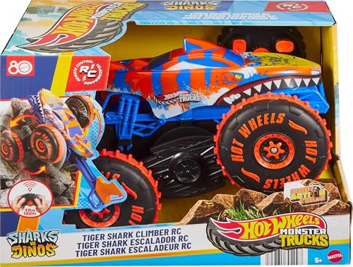 Hot Wheels Monster Trucks Spielzeugfahrzeug mit Fernbedienung, RC Tiger Shark Climber in großem Maßstab mit 3 Spielmodi für Rennen, Klettern und Stunts, JFR39